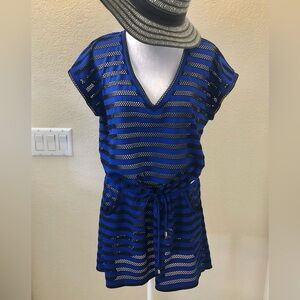 Calvin Klein Royal Blue and Black Striped Mesh Cover-Up
